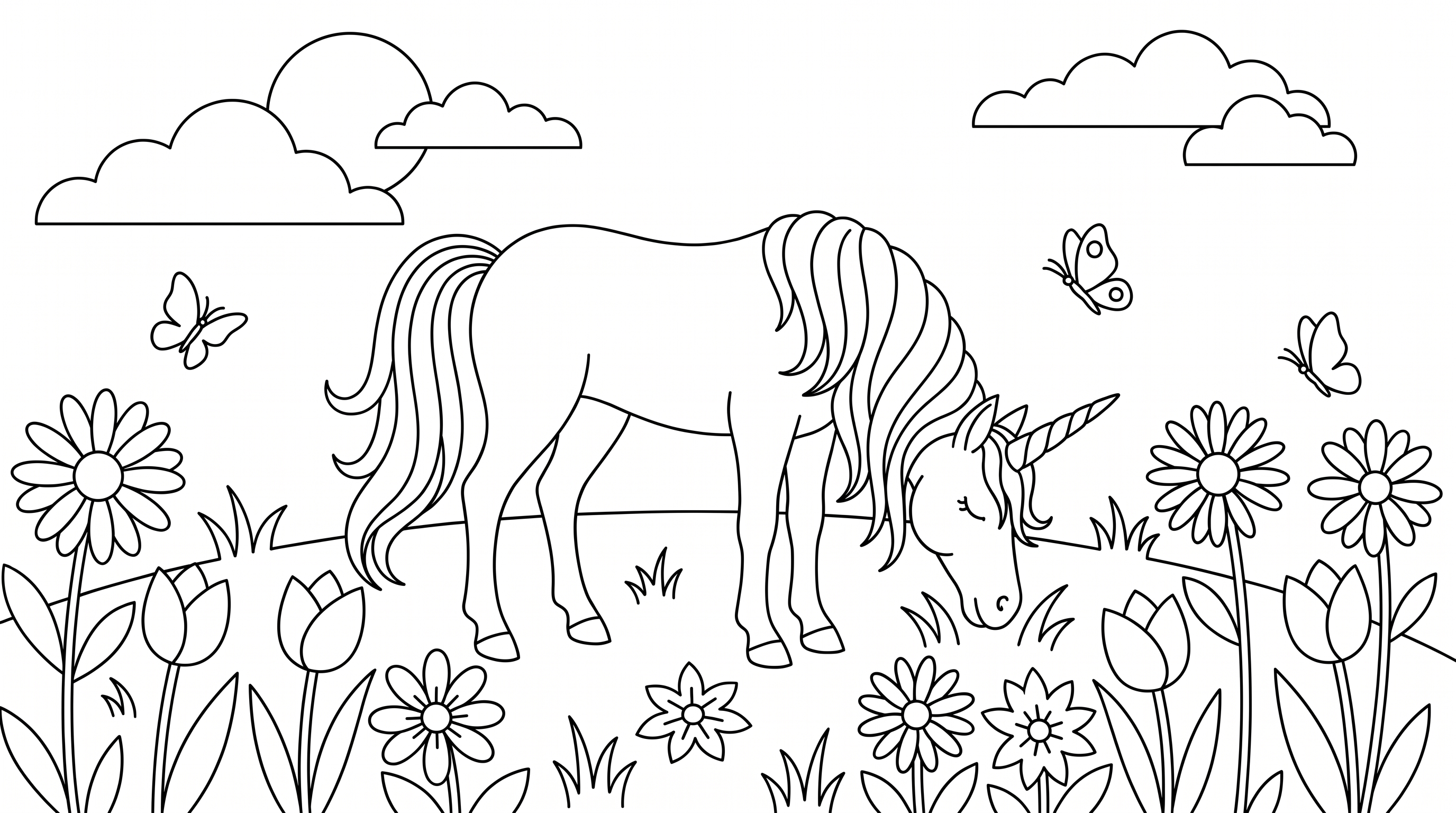 A magical scene of a unicorn grazing in a meadow filled with flowers. coloring page to print