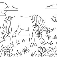 A magical scene of a unicorn grazing in a meadow filled with flowers.