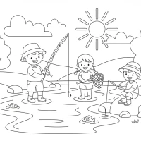 Children fishing by a river during summer