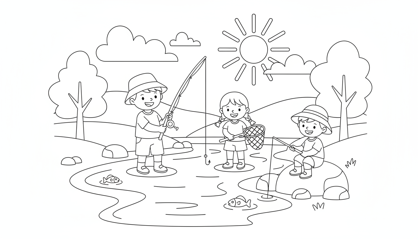 Children fishing by a river during summer coloring page to print