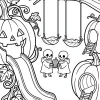 Gentle Halloween jack-o’-lantern playground scene