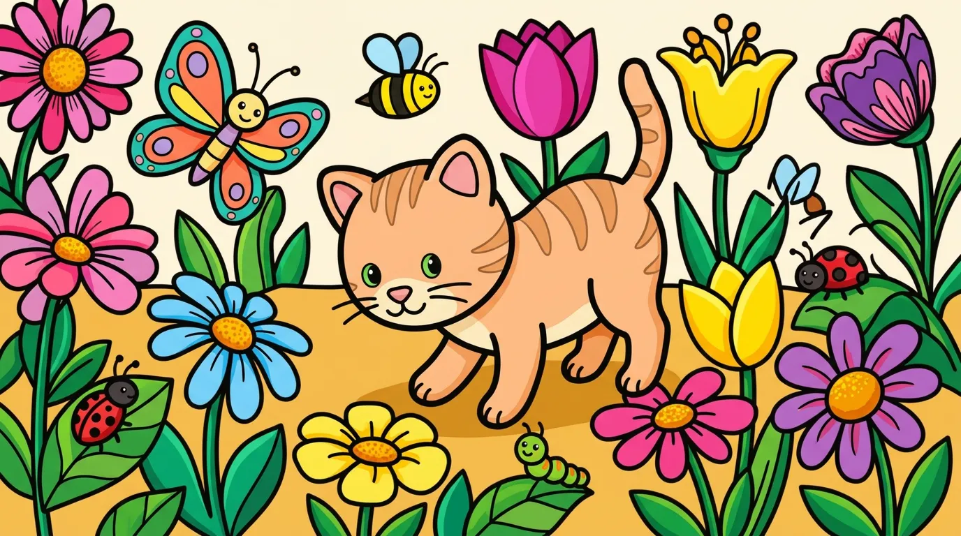 curious kitten exploring a garden with flowers and bugs coloring page to print