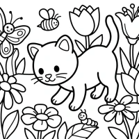 curious kitten exploring a garden with flowers and bugs