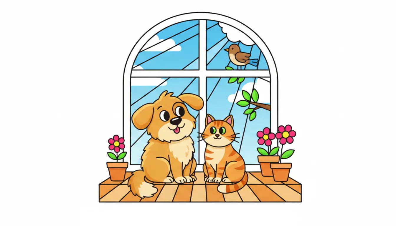 dog and cat sitting together at window coloring page to print