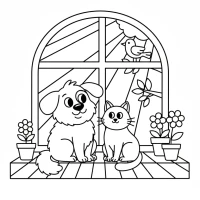 dog and cat sitting together at window