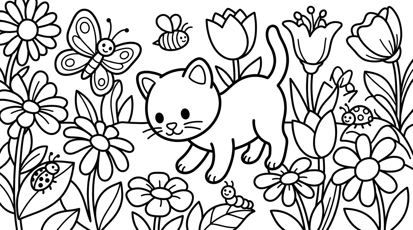 curious kitten exploring a garden with flowers and bugs coloring page to print