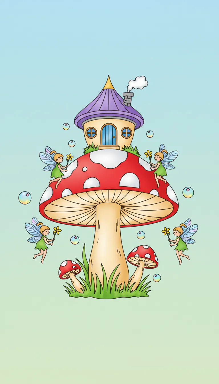 tiny house on a mushroom with fairies coloring page to print