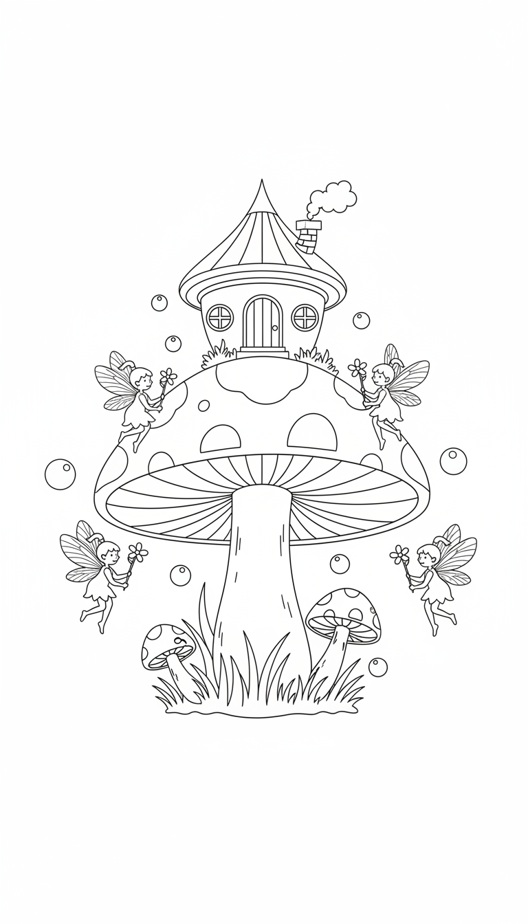 tiny house on a mushroom with fairies coloring page to print