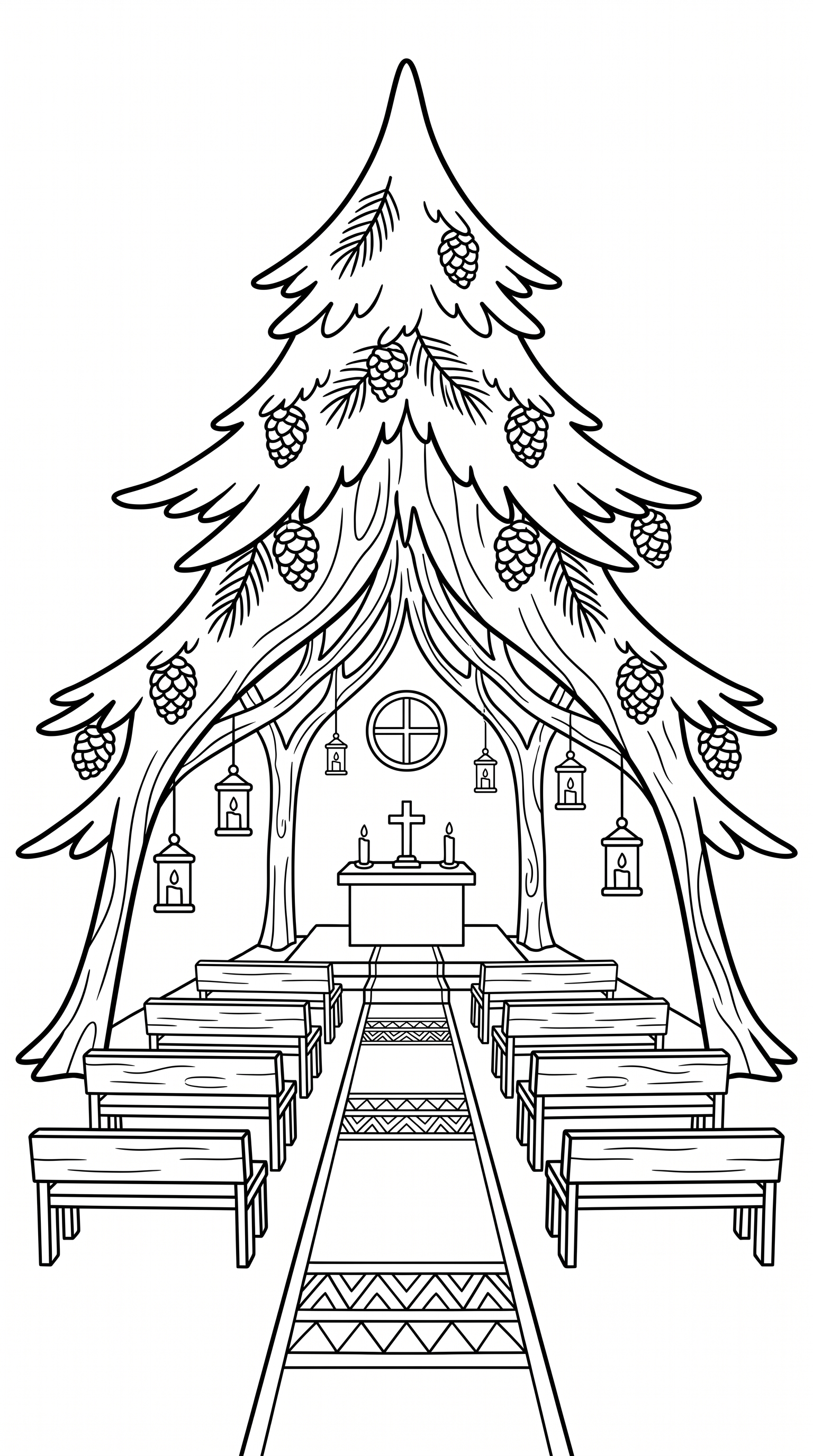 Christmas forest chapel with candle lanterns coloring page to print
