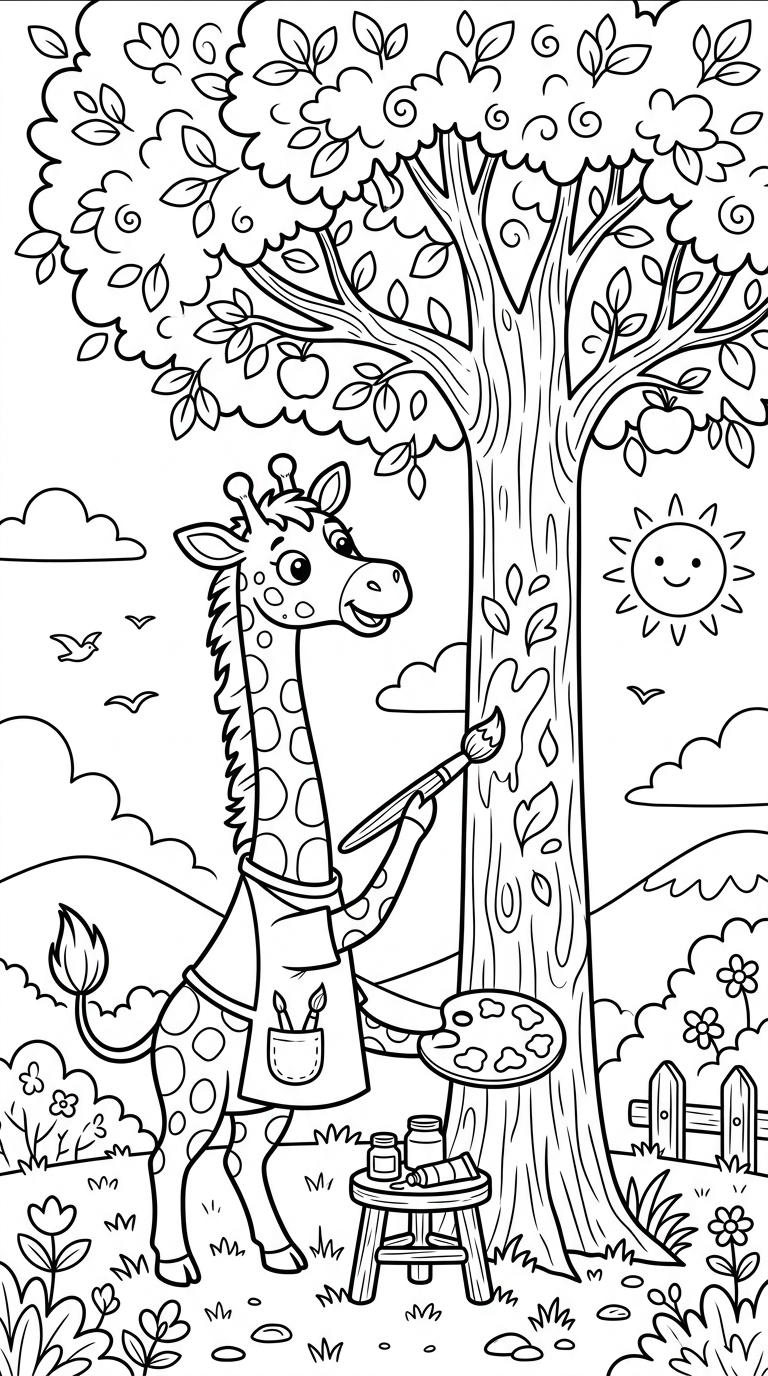 A whimsical scene of a giraffe painting a tall tree with a brush. coloring page to print