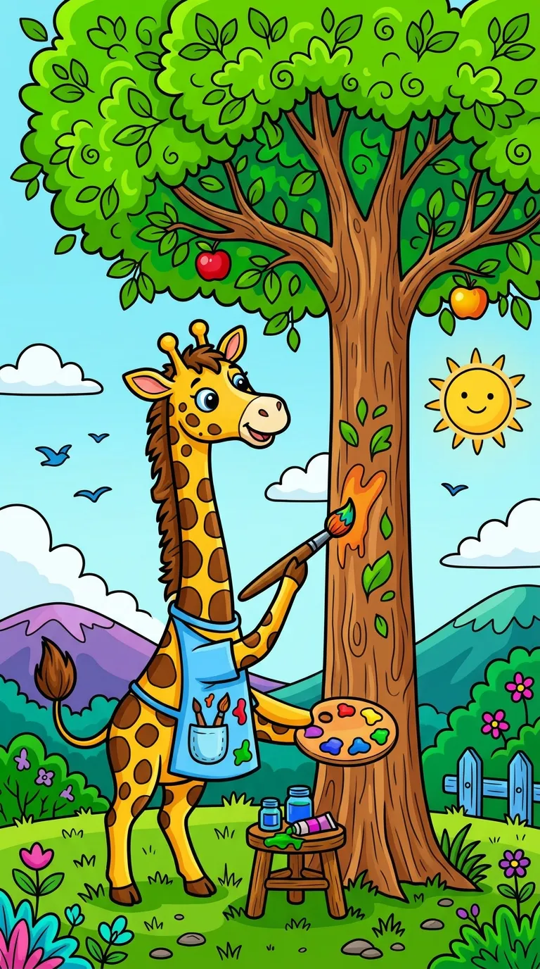 A whimsical scene of a giraffe painting a tall tree with a brush. coloring page to print