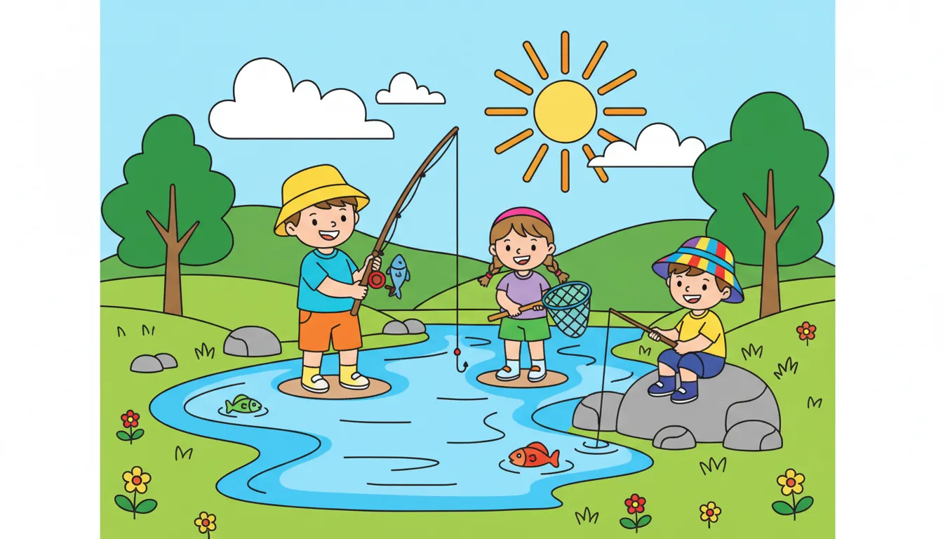 Children fishing by a river during summer coloring page to print