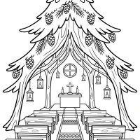 Christmas forest chapel with candle lanterns