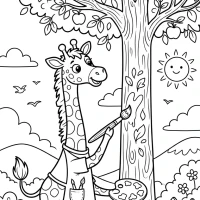 A whimsical scene of a giraffe painting a tall tree with a brush.