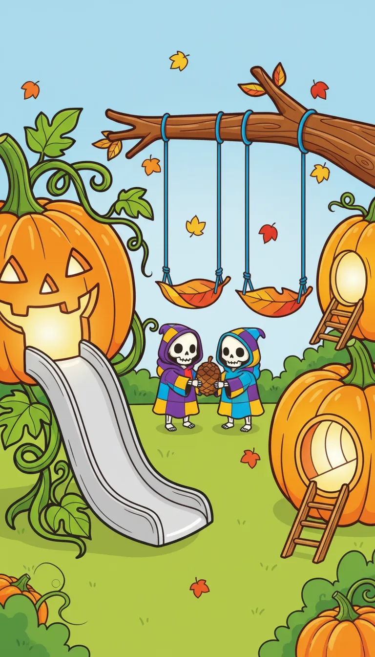 Gentle Halloween jack-o’-lantern playground scene coloring page to print