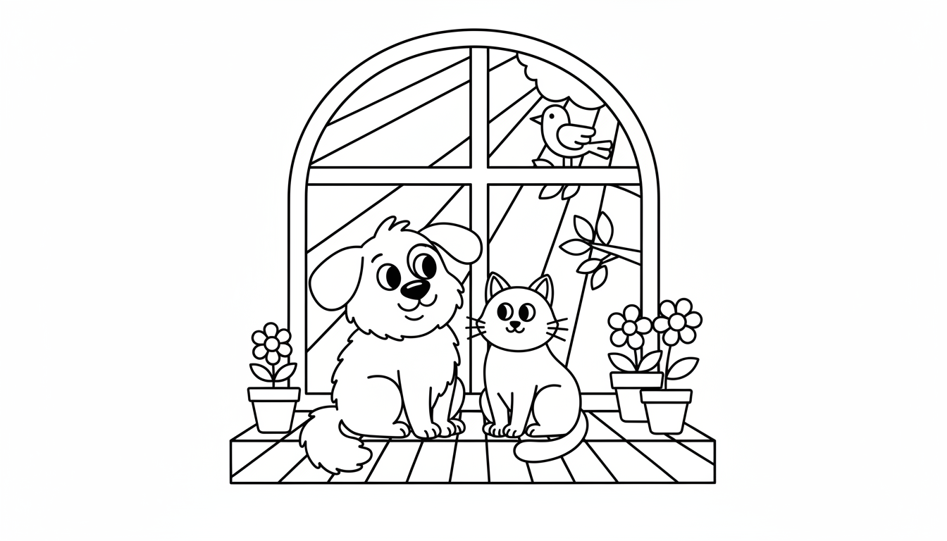 dog and cat sitting together at window coloring page to print