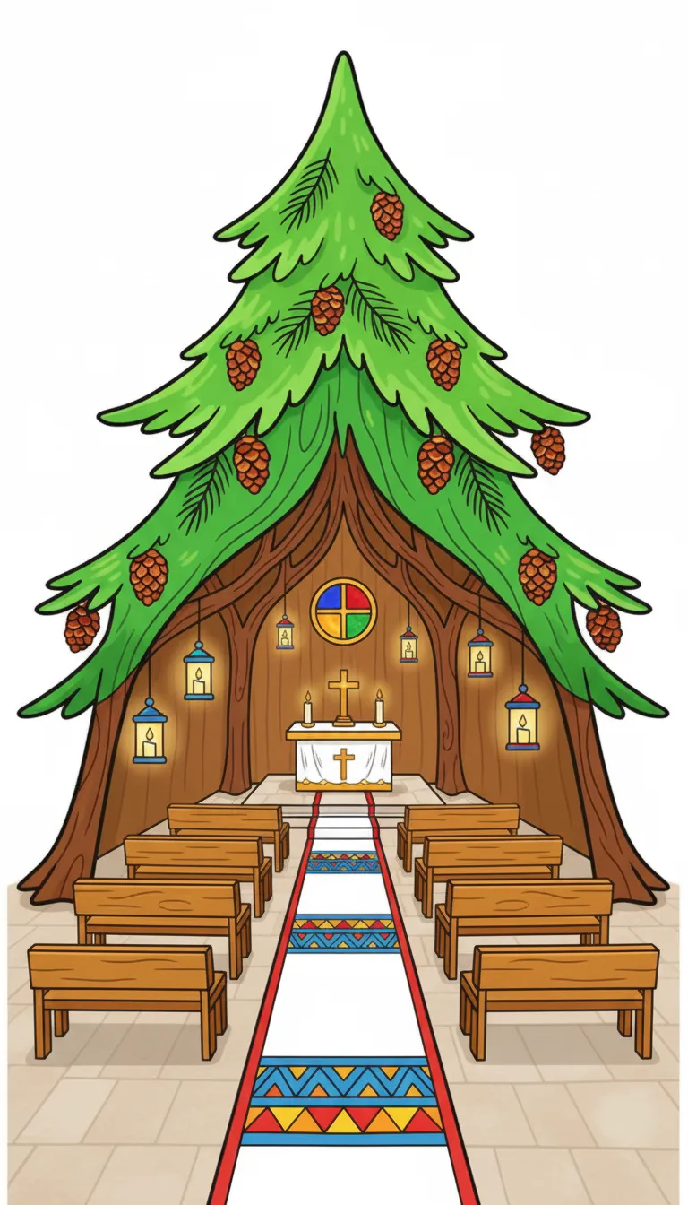 Christmas forest chapel with candle lanterns coloring page to print