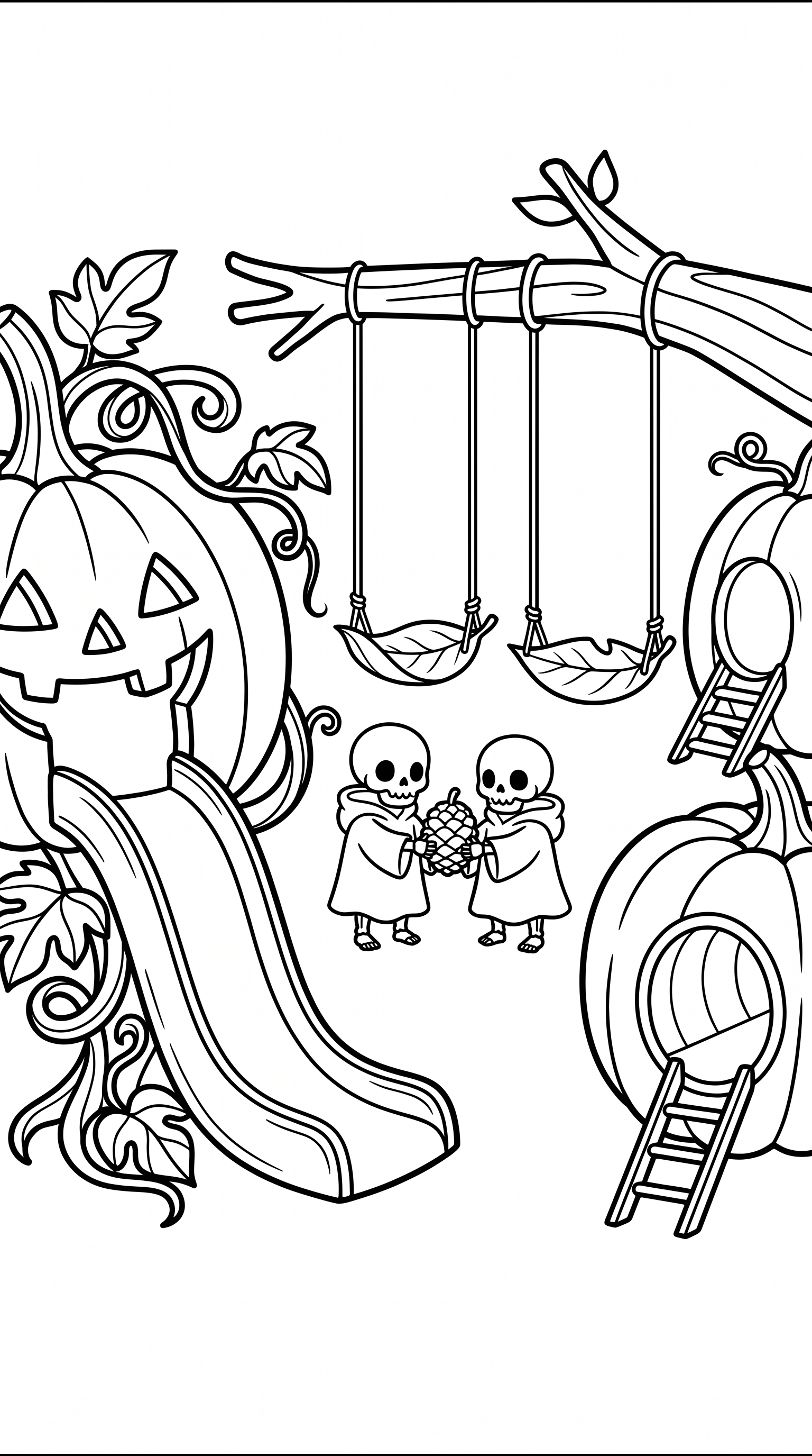 Gentle Halloween jack-o’-lantern playground scene coloring page to print