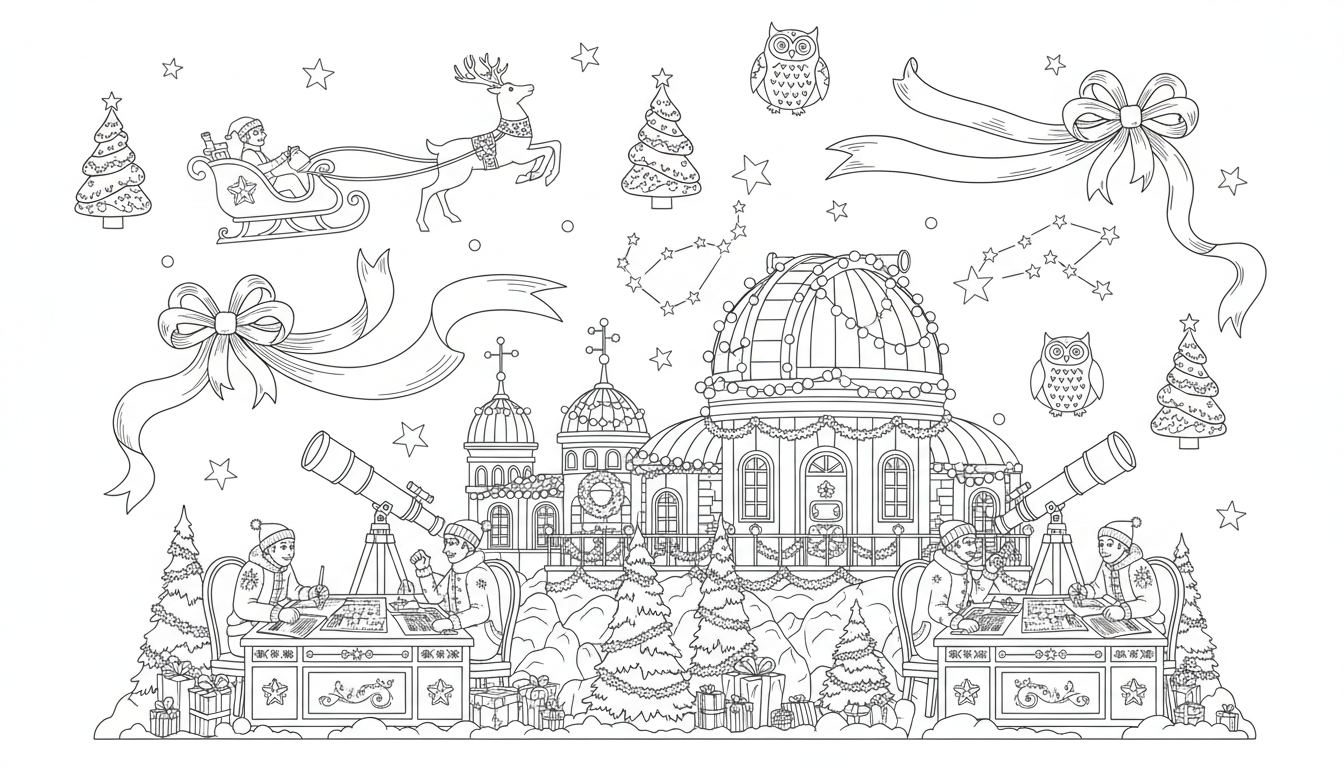 mountain observatory star mapping for Christmas coloring page to print