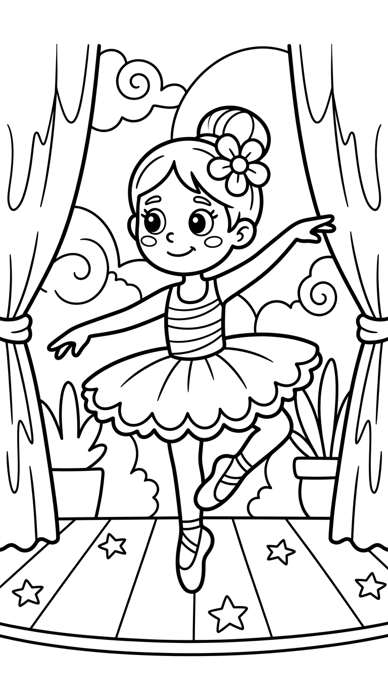Elegant ballet dancer in tutu on stage coloring page to print