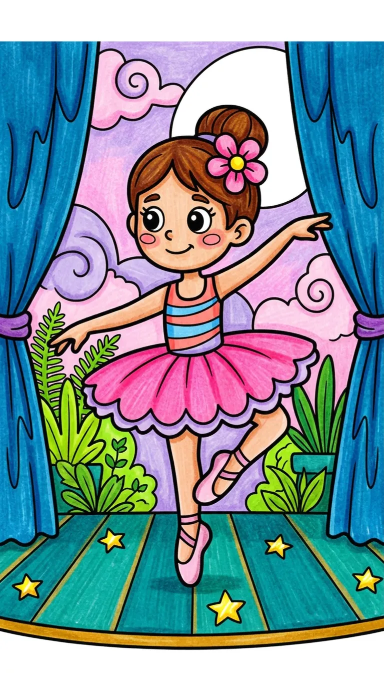 Elegant ballet dancer in tutu on stage coloring page to print