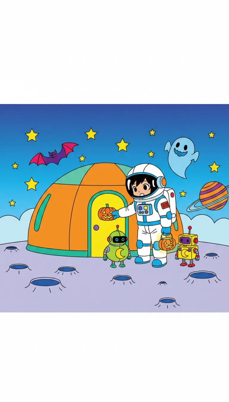 astronaut trick or treating on moon base coloring page to print