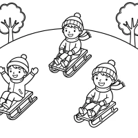 Children sledding on snowy hill with trees