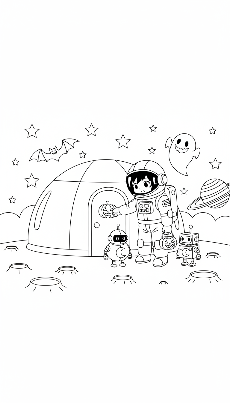 astronaut trick or treating on moon base coloring page to print