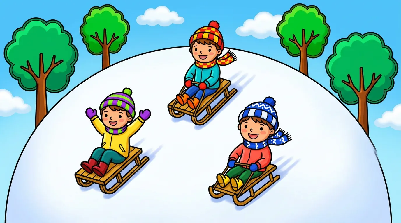Children sledding on snowy hill with trees coloring page to print