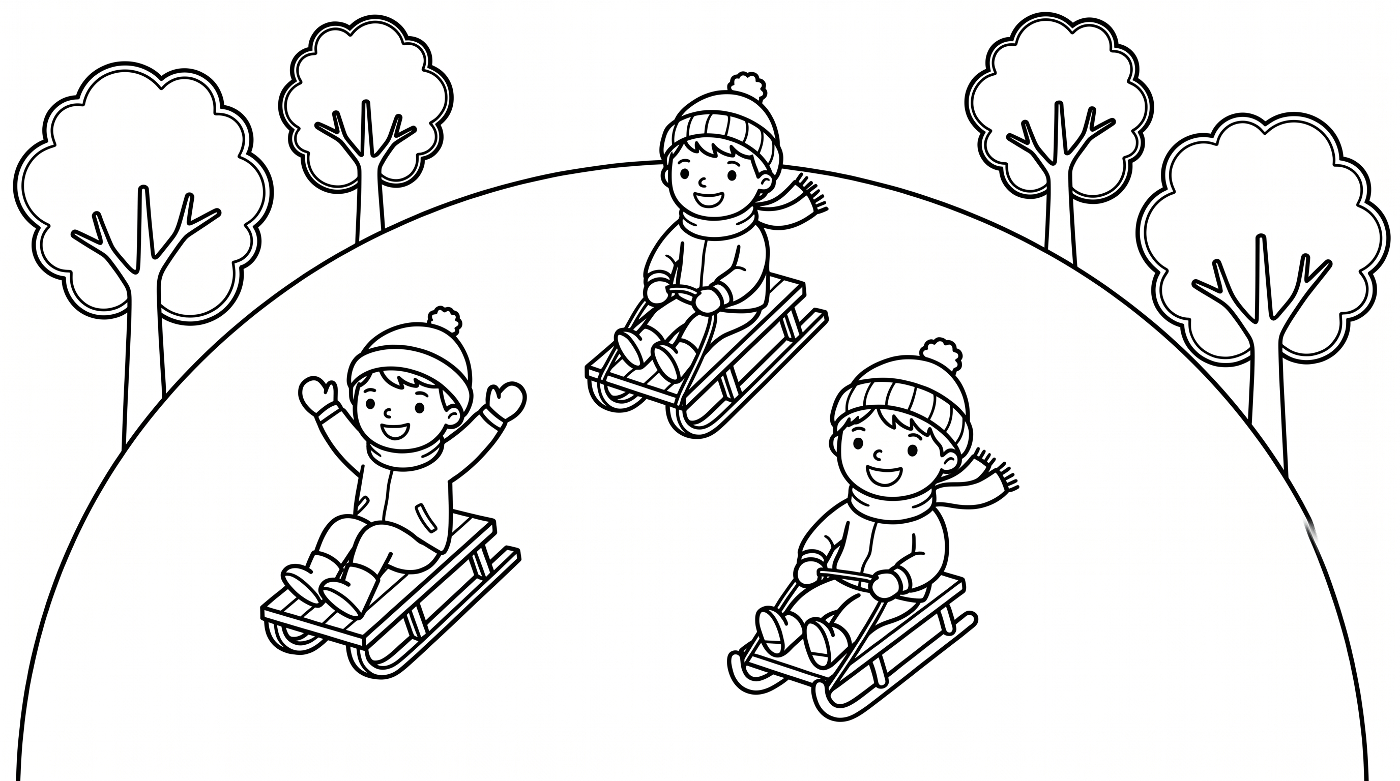 Children sledding on snowy hill with trees coloring page to print
