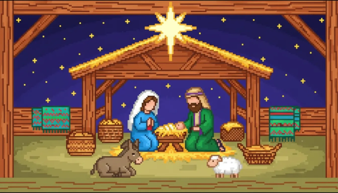 Calm nativity stable scene with animals and star coloring page to print