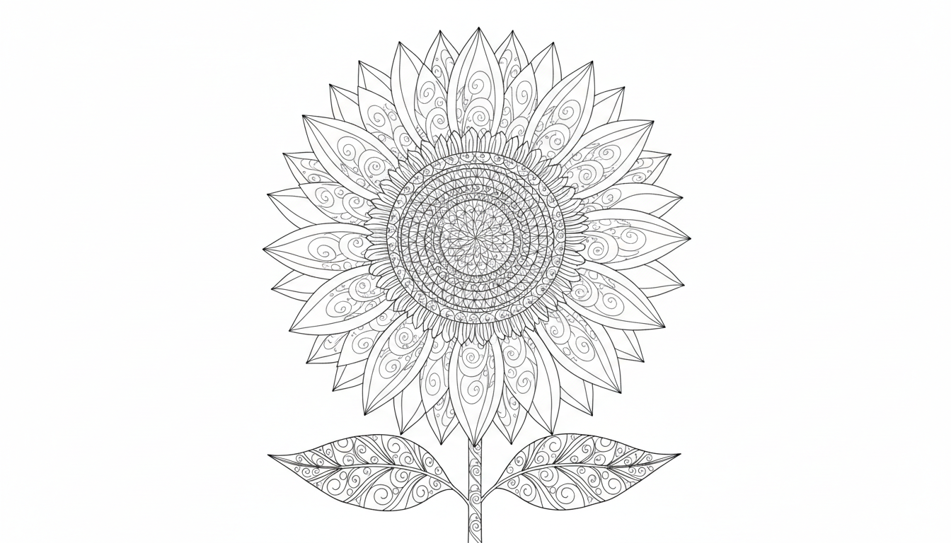 detailed sunflower with petals and center coloring page to print