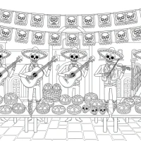 Mexican plaza Halloween with calavera musicians and papel picado