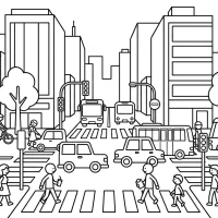 A busy city with tall buildings, cars, bicycles, and pedestrians crossing the street.