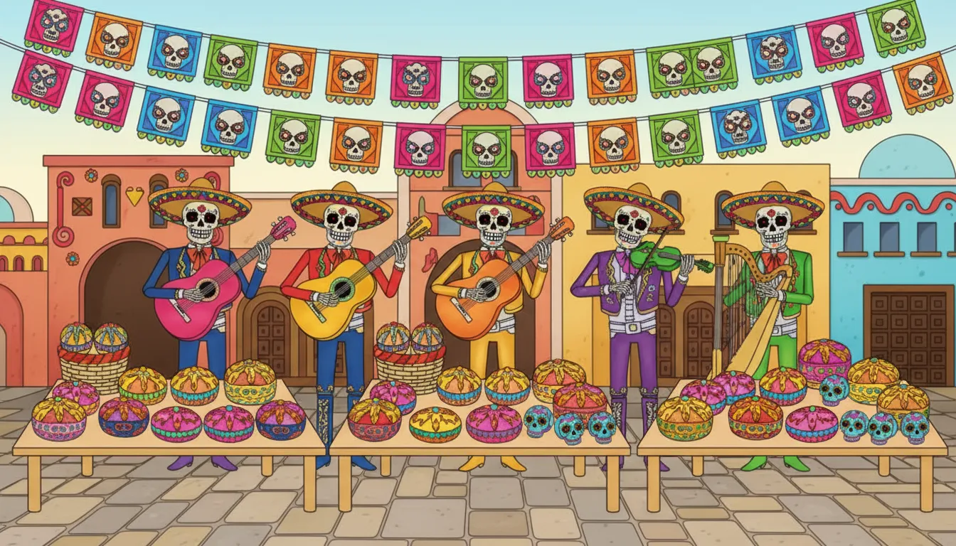 Mexican plaza Halloween with calavera musicians and papel picado coloring page to print