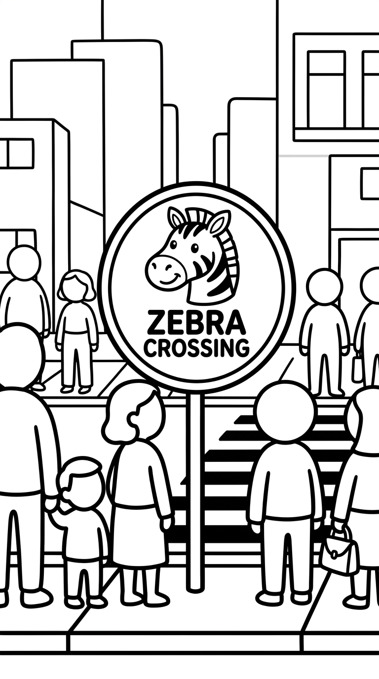 Playful zebra crossing sign in city street coloring page to print