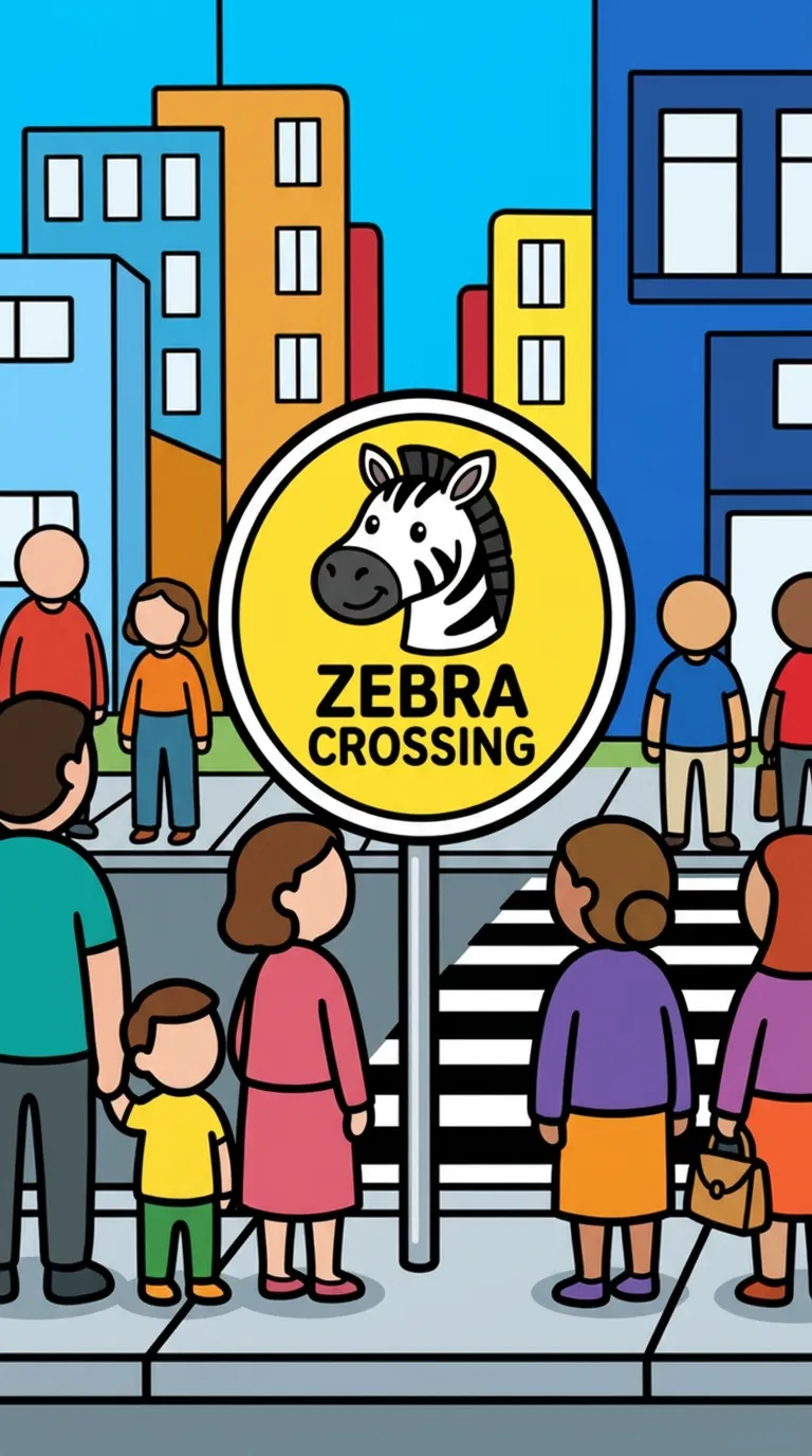 Playful zebra crossing sign in city street coloring page to print