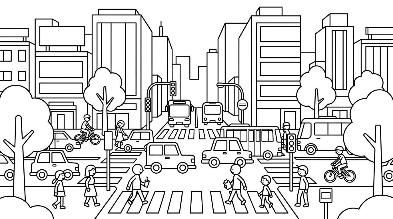 A busy city with tall buildings, cars, bicycles, and pedestrians crossing the street. coloring page to print