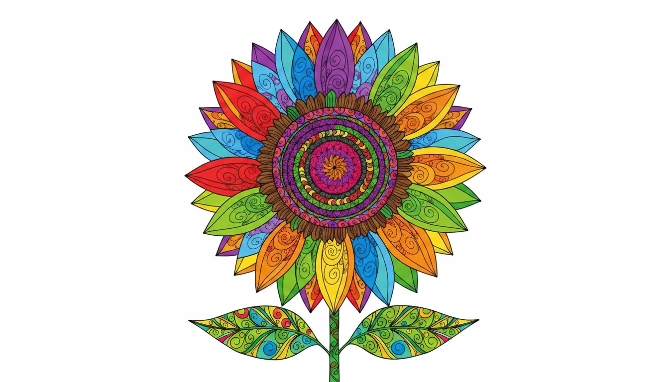 detailed sunflower with petals and center coloring page to print