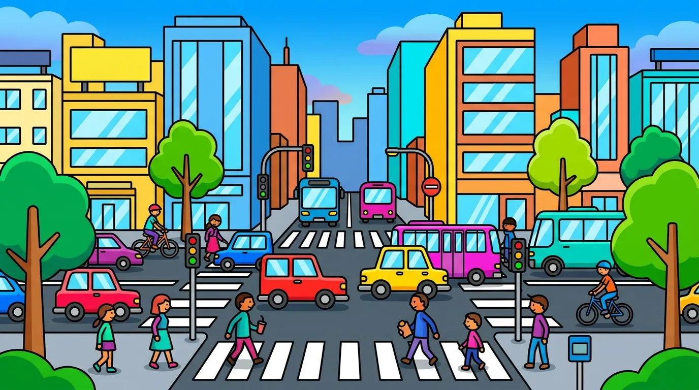 A busy city with tall buildings, cars, bicycles, and pedestrians crossing the street. coloring page to print