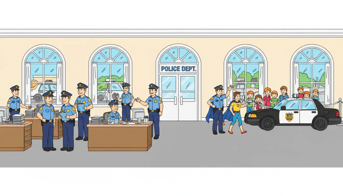 busy police station scene coloring page to print