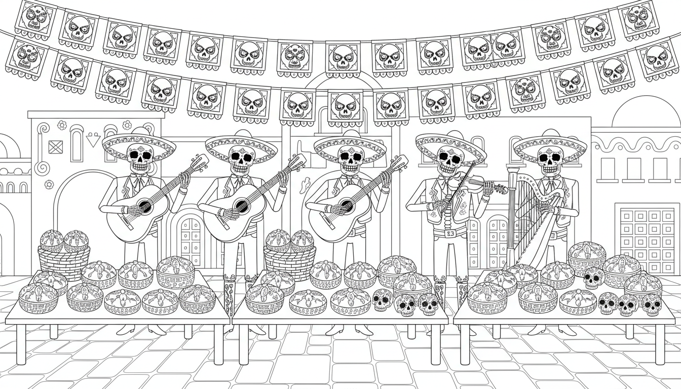 Mexican plaza Halloween with calavera musicians and papel picado coloring page to print