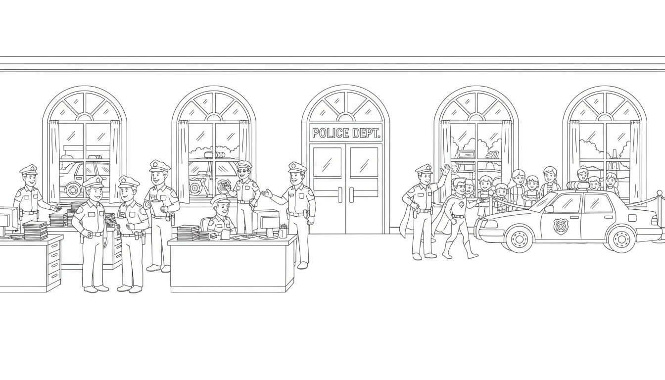 busy police station scene coloring page to print