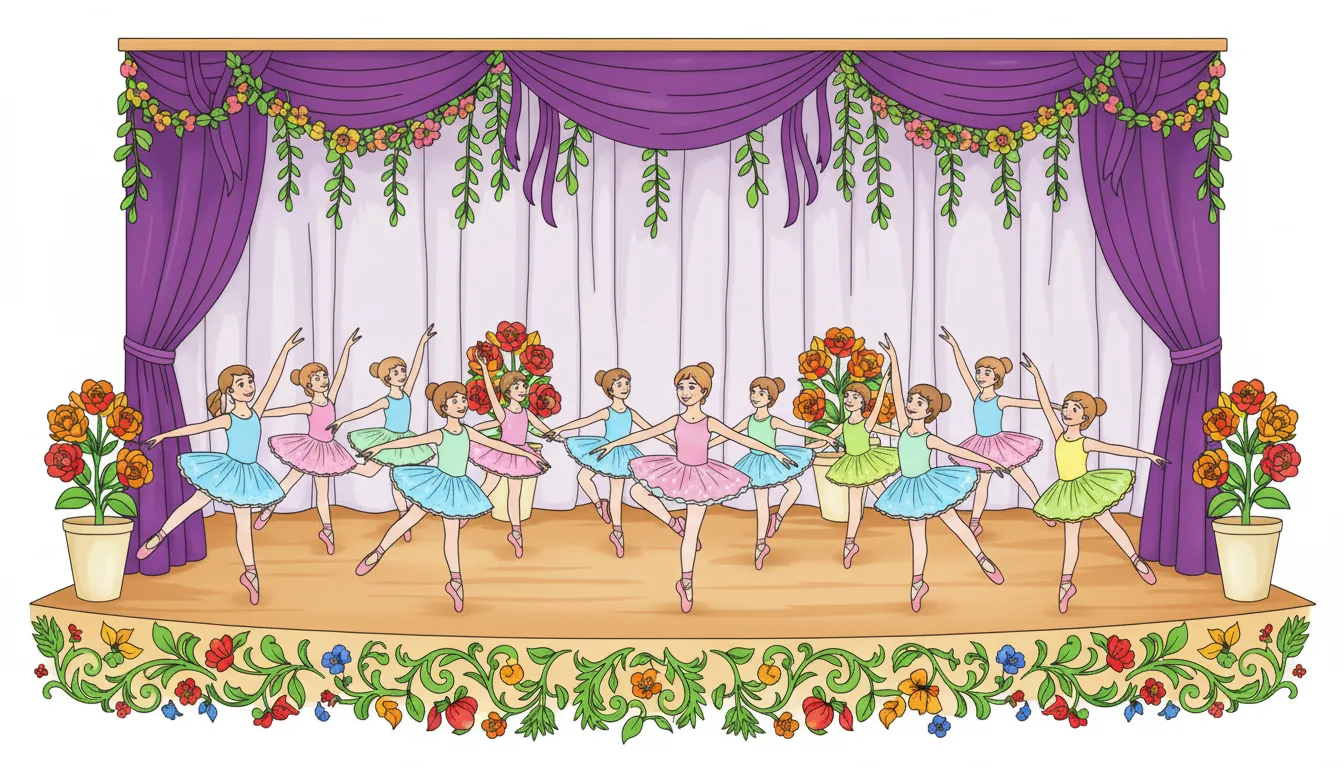 Dance recital with students on stage coloring page to print