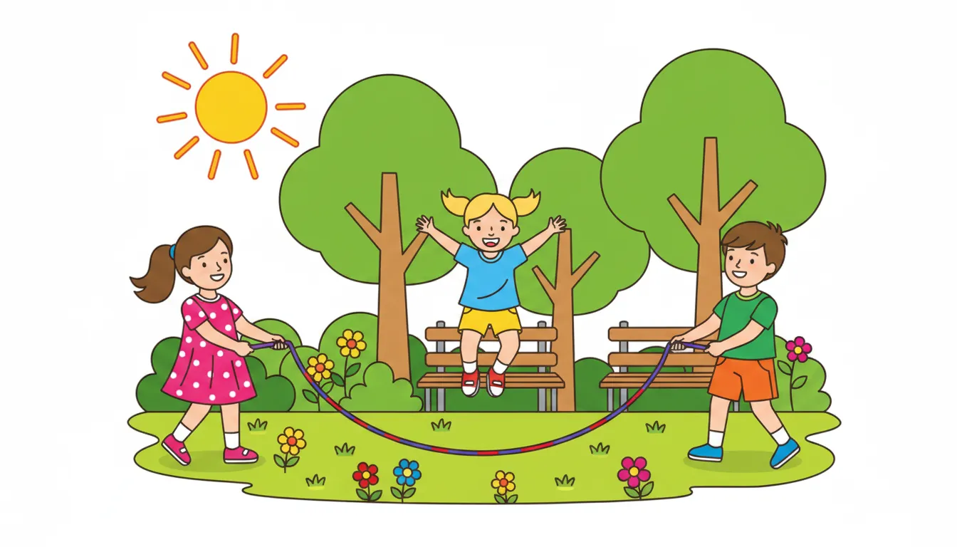 Children playing with jump rope in park coloring page to print