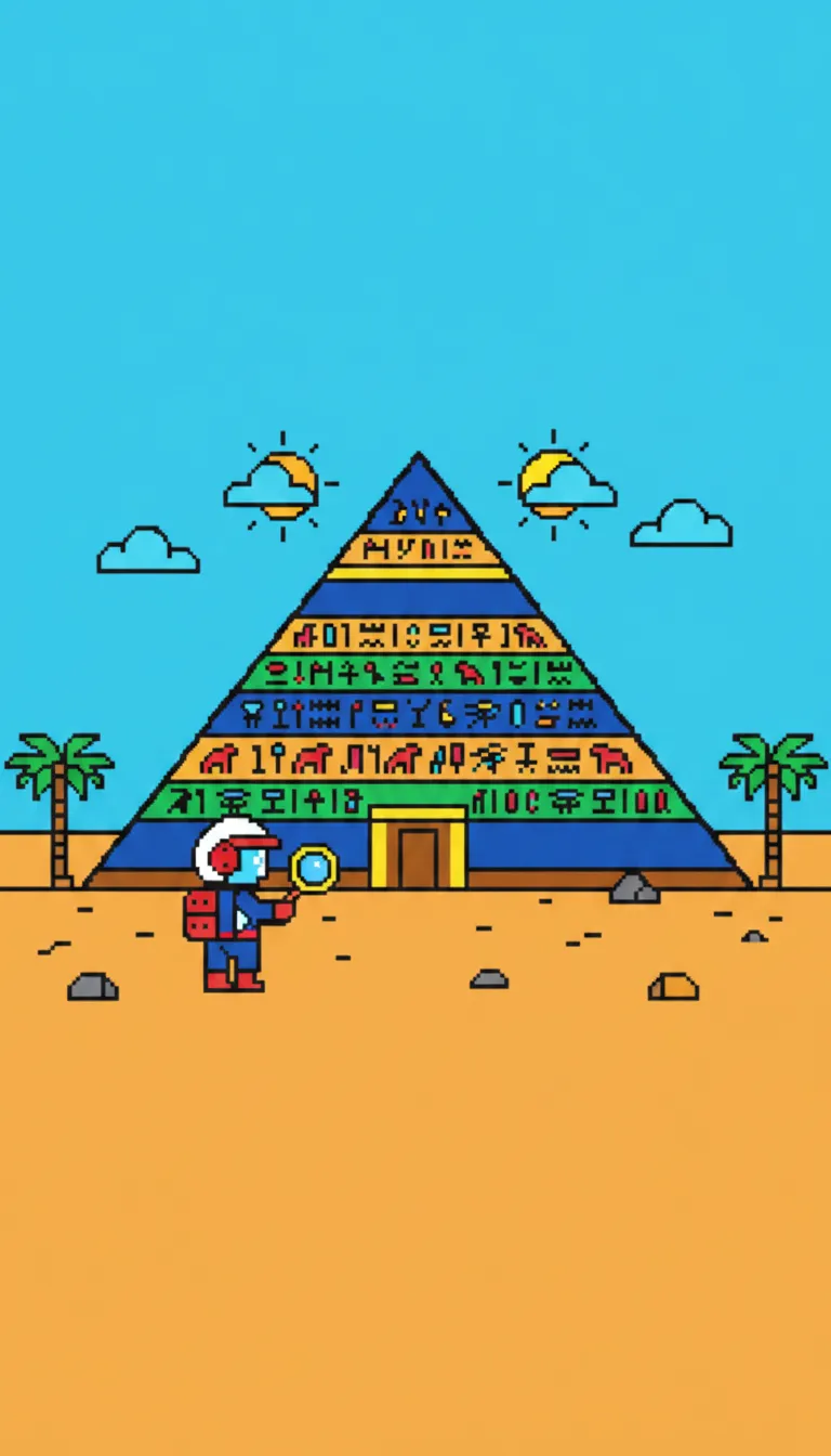 Ancient pyramid with hieroglyphs and explorer coloring page to print