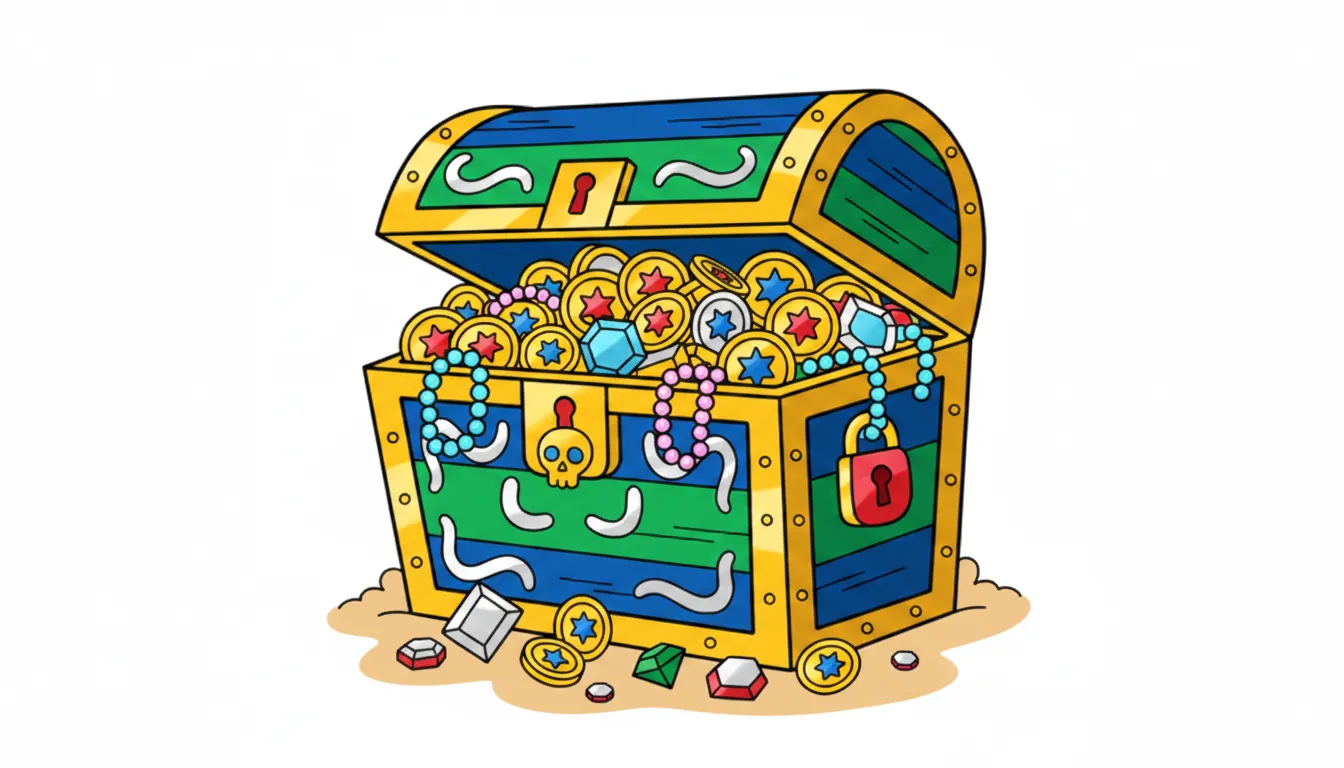 Whimsical pirate’s treasure chest with coins and jewels coloring page to print