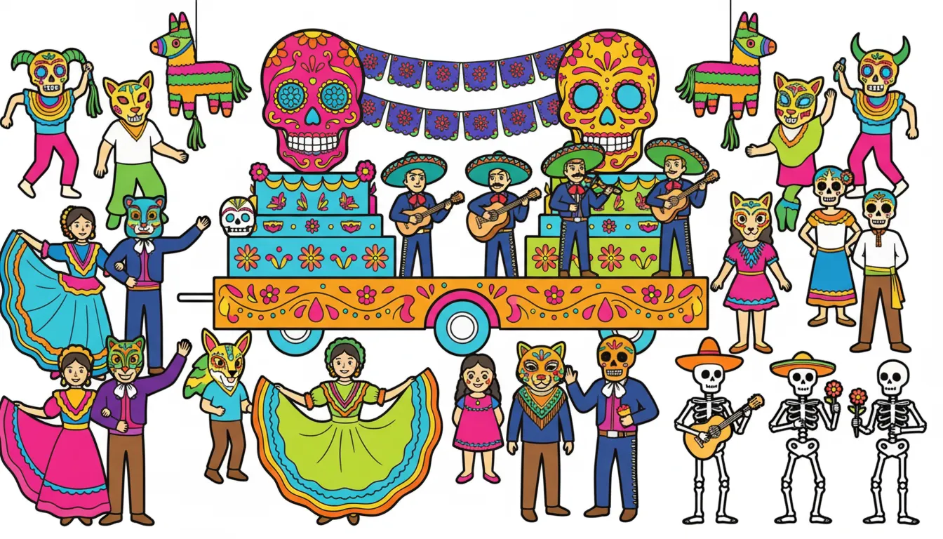 Mexico festival with dancers, masks and floats coloring page to print