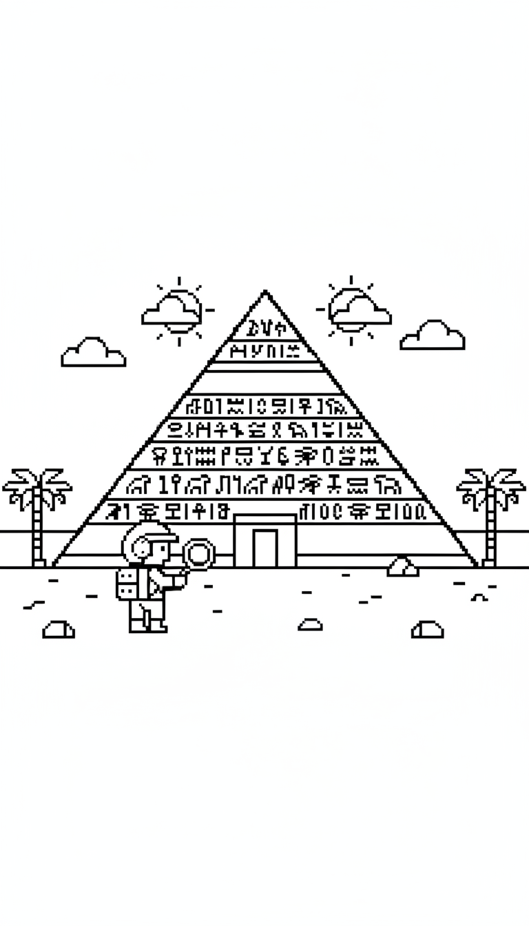 Ancient pyramid with hieroglyphs and explorer coloring page to print
