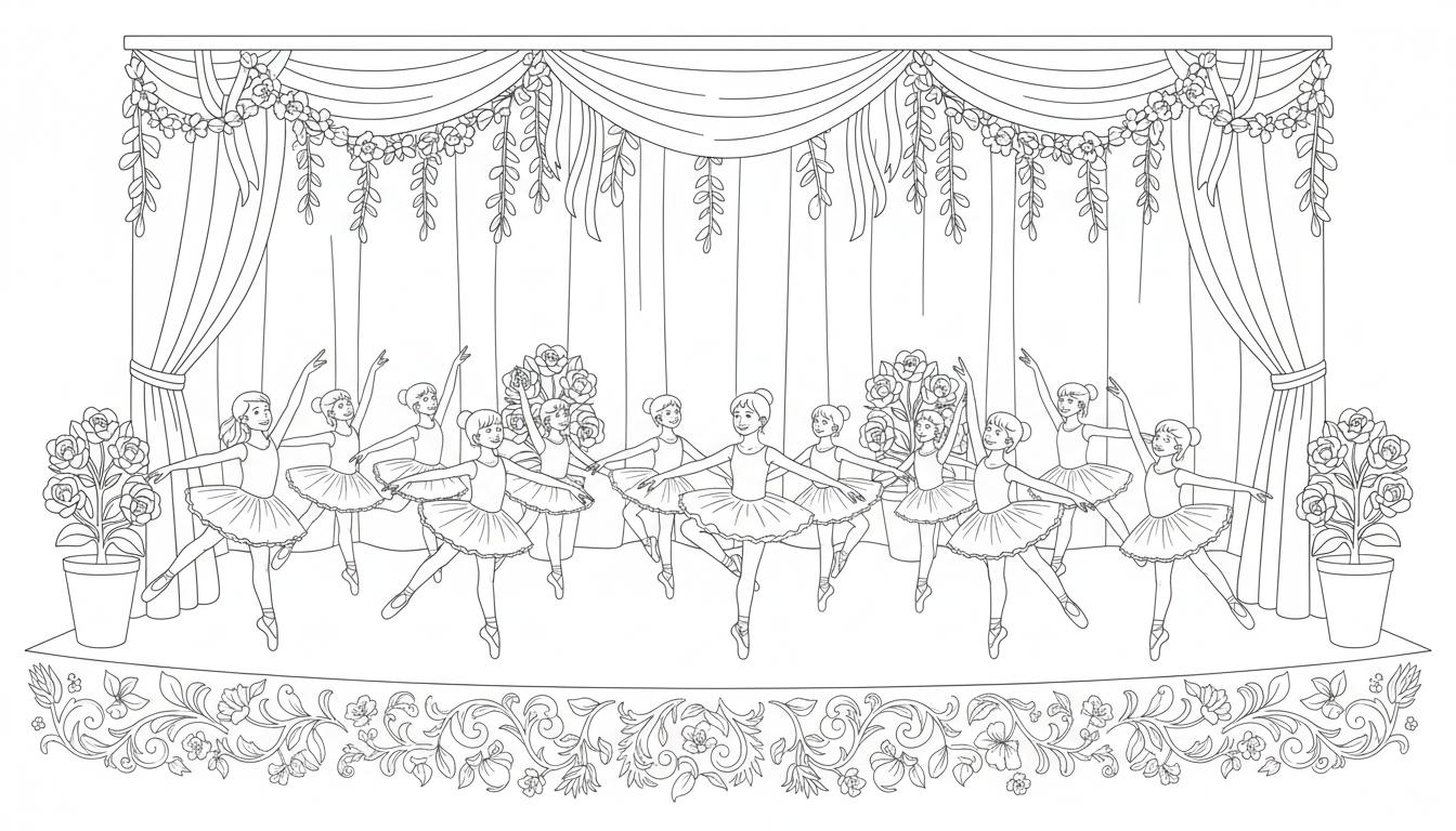 Dance recital with students on stage coloring page to print